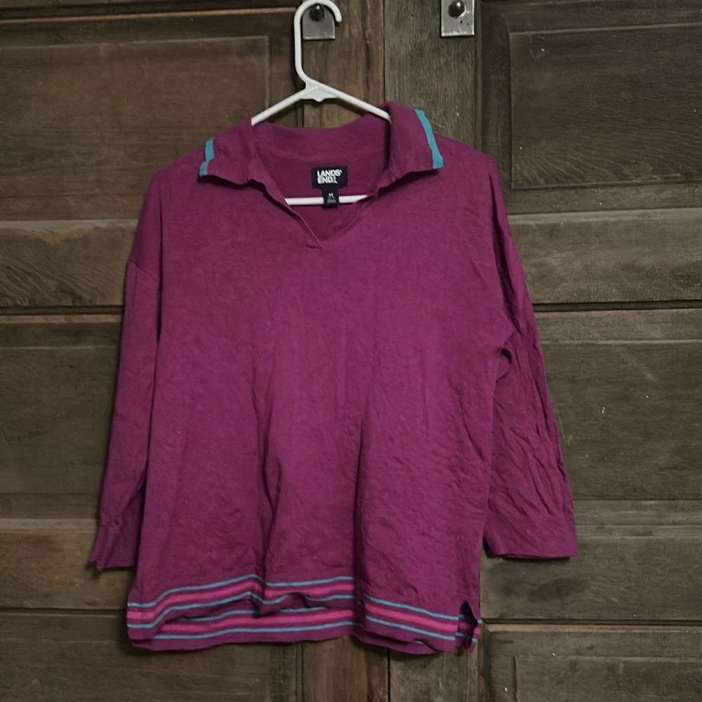 LANDS END Womens Size Medium Purple‎ Teal 3/4 Sleeve Polo Shirt Cotton